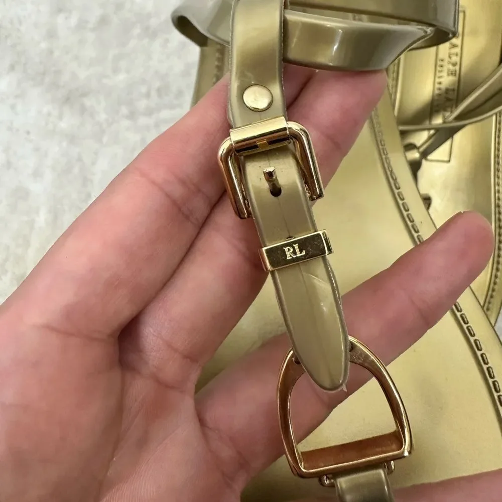 ⛔️SOLD⛔️NEW Ralph Lauren Collection Gold Jelly Strappy Horse bit Thong Buckl - Picture 7 of 9